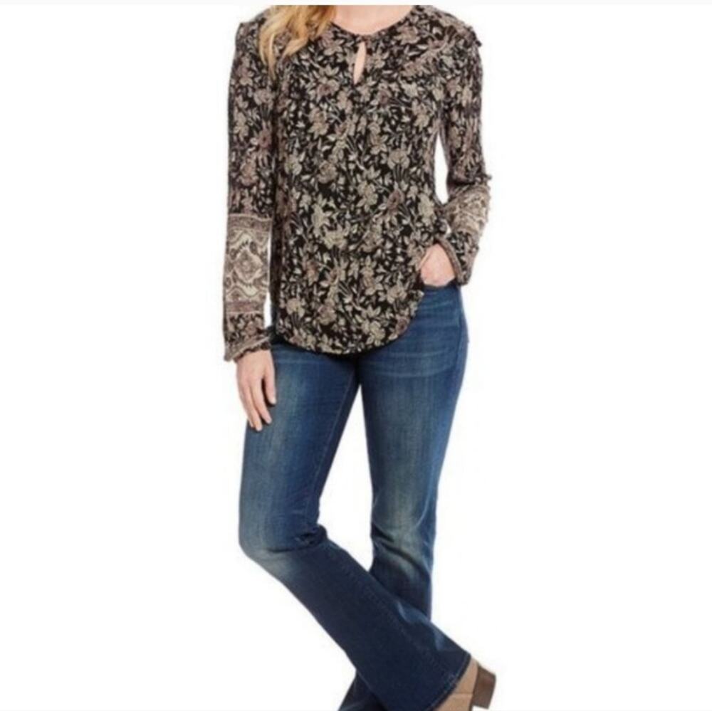 Lucky Brand Brown/Black Floral Keyhole Neck Long Sleeve Ruffle Top Size Small